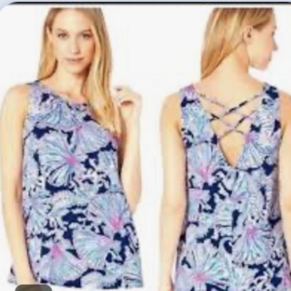 Lilly Pulitzer Kristen Swing Top Deep Sea Navy Shells Bells Criss Cross Size M - Picture 2 of 6
